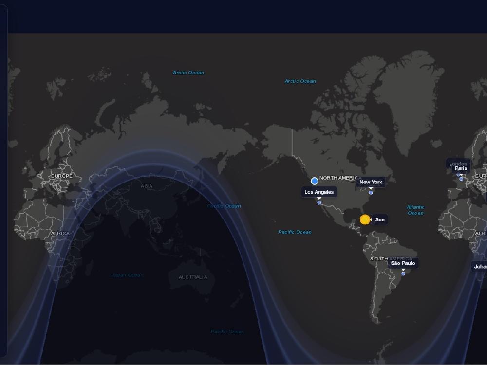 Dark world map showing the live daylight terminator and solar position