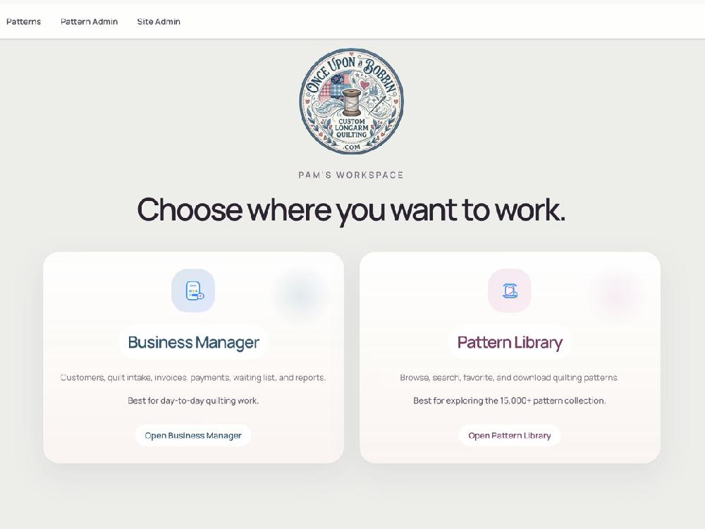 QuiltPatternManager workspace with business manager and pattern library choices